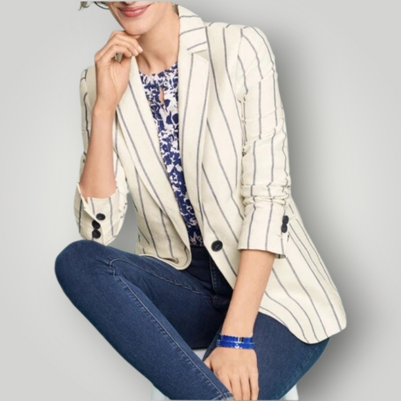 Talbots Petite 10P Ivory Blue Stripe Linen Cotton Blazer Coastal Grandma New - Picture 3 of 11